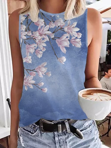 

Floral Round Neck Loosen Casual, Blue, Tank Top