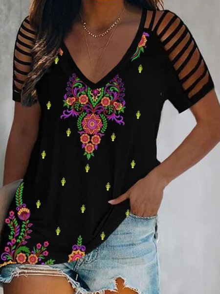

Vintage Regular Fit V Neck Short Sleeve T-Shirt, Black, Blouses & Shirts