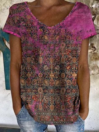 

Loosen Vintage Pattern V Neck Short Sleeve T-Shirt, Multicolor, T-Shirts