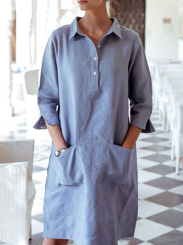 

Casual Loosen Shirt Collar Long Sleeve Woven Dress, Gray, Dresses