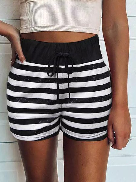 

Casual Striped Elastic Waist Shorts, Black, Shorts
