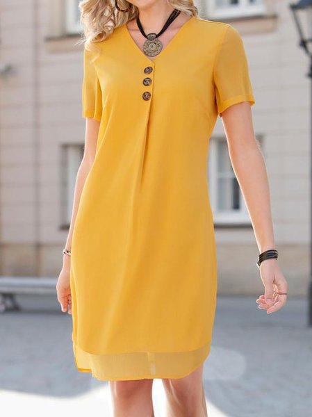 

Casual V Neck Short Sleeve Woven Dress, Yellow, Mini Dresses