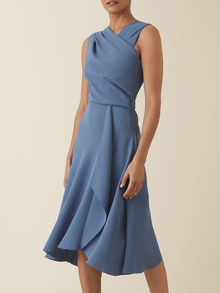 

Elegant V Neck Solid Sleeveless Dresses, Blue, Midi Dresses
