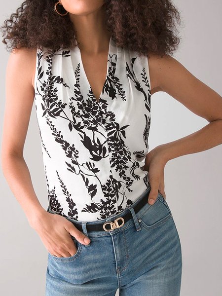 

V Neck Regular Fit Floral Short Sleeve Top, White, Tops