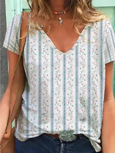 

Loosen V Neck Casual Short Sleeve T-Shirt, Flower, T-Shirts