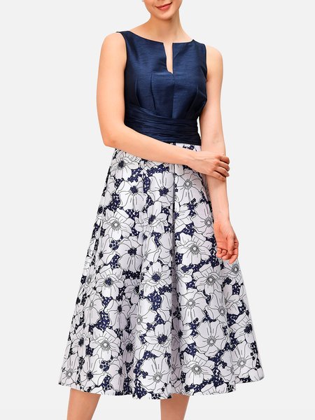 

Regular Fit Floral V Neck Sleeveless Woven Dress, Blue, Midi Dresses
