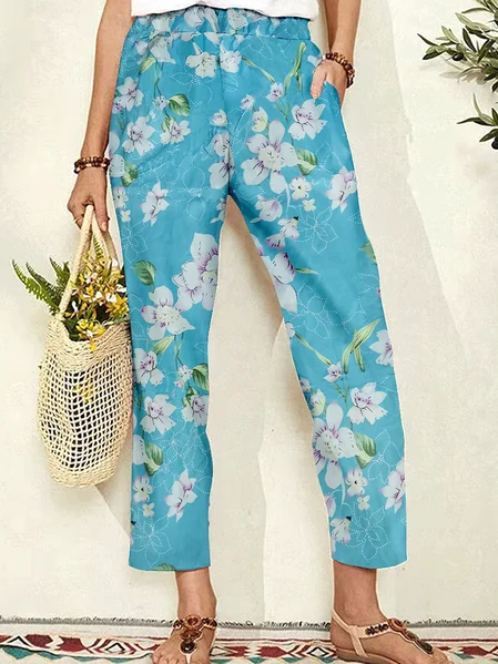 

Blue Floral Cropped Resort Casual Pocket Pants Loosen Boho Pants, Green, Pants