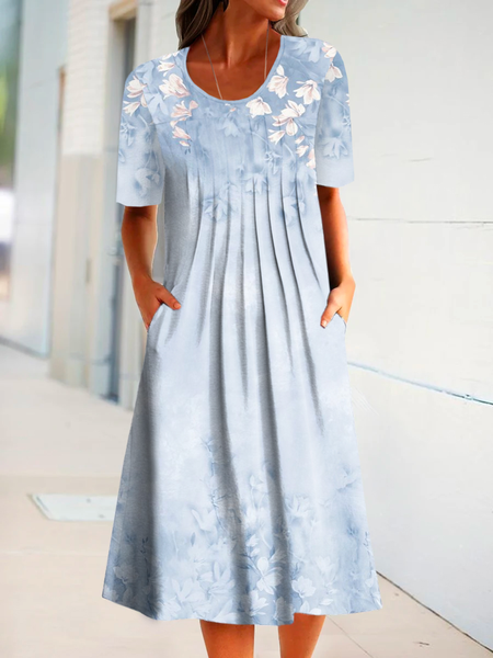 

Plus size Crew Neck Casual Floral Short Sleeve Dress, Blue, Midi Dresses