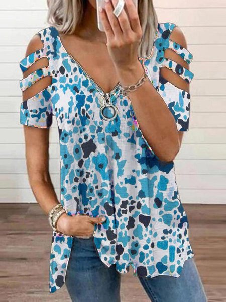 

Casual Regular Fit Abstract Short Sleeve Tops, Blue, Shirts & Blouses