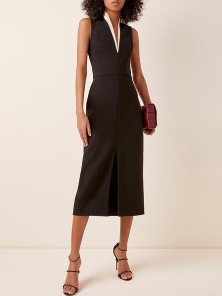 

Regular Fit V Neck Elegant Sleeveless Woven Midi Dress, Black, Midi Dresses