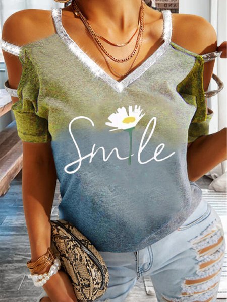 

Gradient Letter Print Summer New Bestseller Ladies Short Sleeve Knit Top, Multicolor, Shirts & Blouses