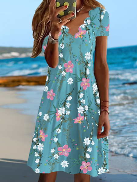 

Floral Casual V Neck Short Sleeve Knit Dress, Multicolor, Dresses