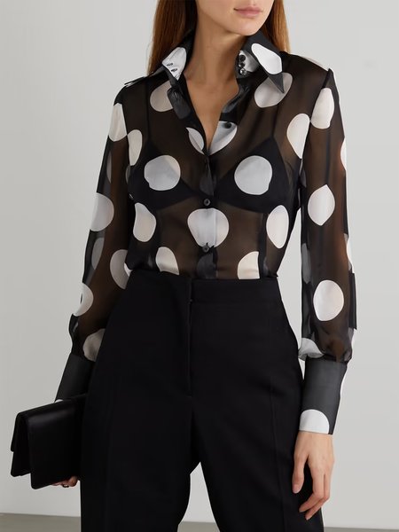 

Polka Dots Simple Regular Fit Long Sleeve Blouse, Black-white, Blouses and Shirts