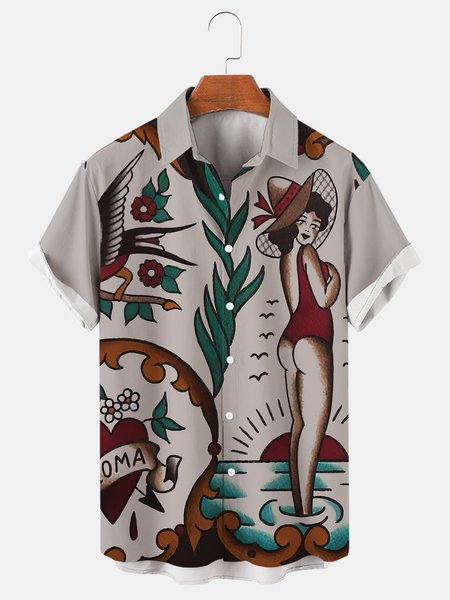 

Men's Hawaiian Retro Beauty Print Casual Breathable Short Sleeve Shirt, Apricot, Men's Floral shirt
