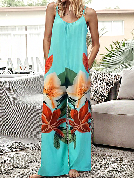 

Floral Print Sling Casual Resort Jumpsuit Vacation Floral Jumpsuit & Romper, Green, Floral Dresses