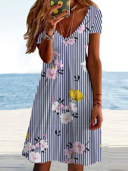 

Casual Striped Short Sleeve Woven Dress, As picture, Mini Dresses