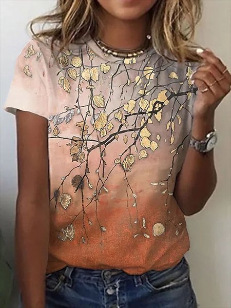 

Floral Casual Crew Neck Short Sleeve T-Shirt, As picture, T-Shirts