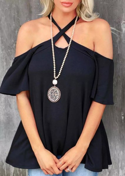 

Plain Off Shoulder Casual Halter Short Sleeve T-Shirt, Black, Shirts & Blouses