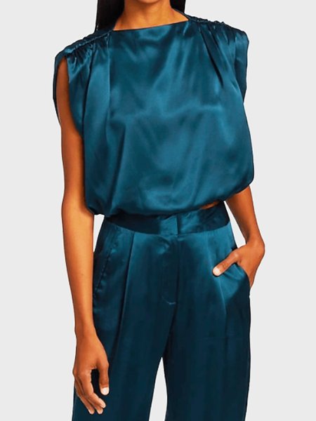 

Summer Crew Neck Sleeveless Lightweight Satin Woven, Deep green, Tunics