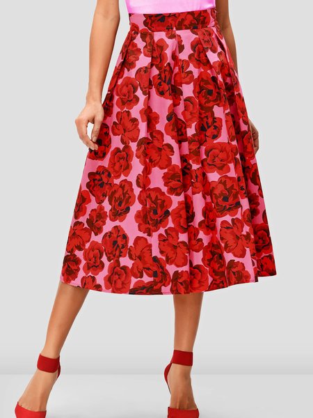 

Summer Lightweight Zipper fly A LineA Elegant Floral Long Skirt, Red, Midi Skirts