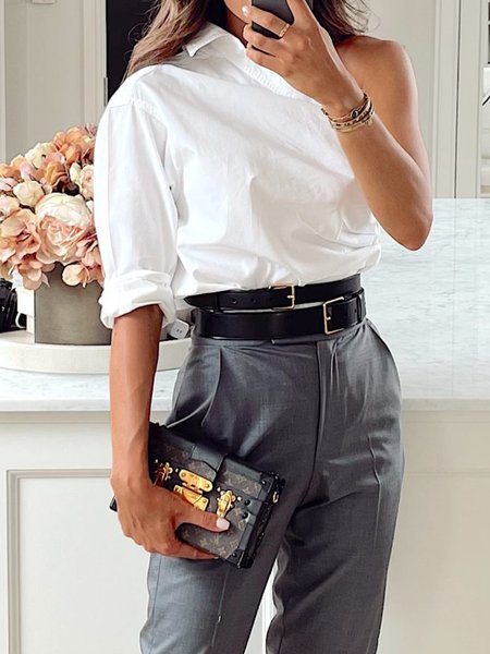 

One Shoulder Regular Fit Fashion Short Sleeve Top, White, Tops