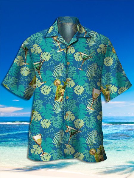 

Men's Cocktail Print Casual Breathable Hawaiian Short Sleeve Shirt, Green, Men's Floral shirt