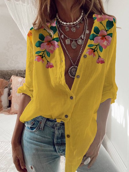 

Vacation Casual Floral Printed Shirt Collar Long Sleeve Blouse, Yellow, Shirts & Blouses