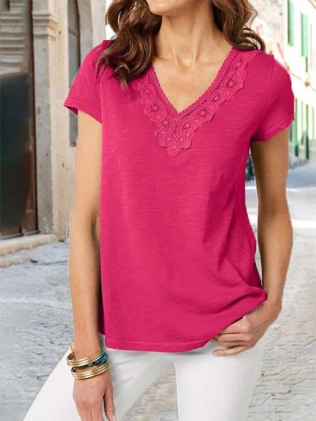

Casual Cotton Blends Lace V Neck Short Sleeve T-shirt, Deep pink, T-Shirts
