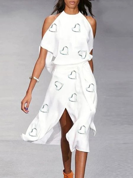 

Hearts Casual Off The Shoulder Short Sleeve A-line Dress, White, Midi Dresses