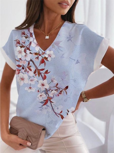 

Floral Casual Loosen Short Sleeve Tops, Blue, Tops