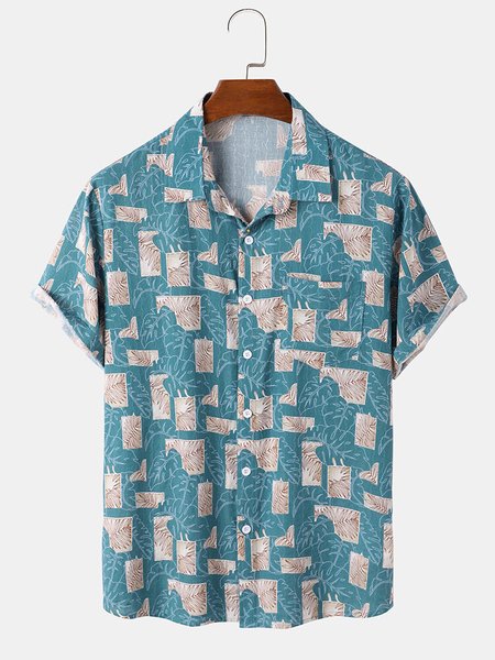 

Short Sleeve Cotton Blends Floral Short Sleeve Shirt, Green, Blouses&Shirts