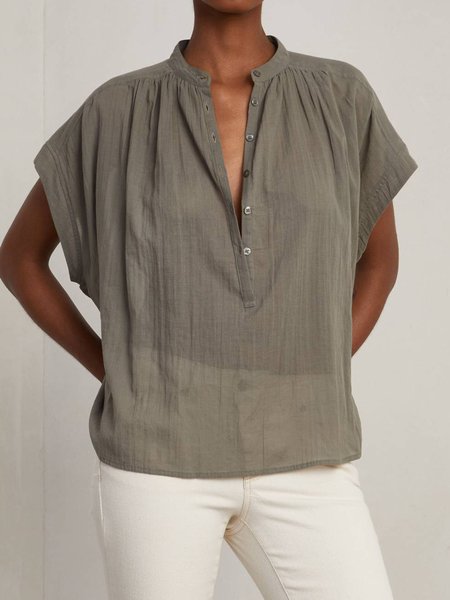 

Solid Henley Casual Short Sleeve Top, Gray, Tops