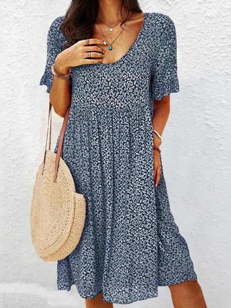 

Polka Dots Casual Loosen Short Sleeve Woven Dress, Blue, Mini Dresses