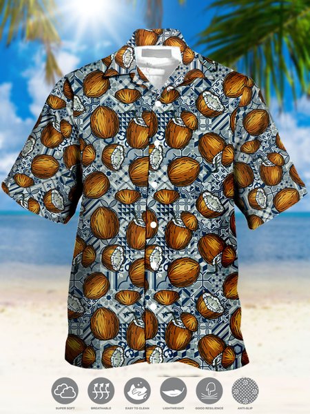 

Men's Coconut Print Casual Moisture Absorbent Breathable Fabric Hawaiian Short Sleeve Shirt, Coffee, Men's Floral shirt