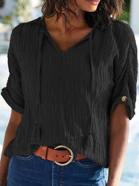 

Solid Casual V Neck Short Sleeve Top, Black, Blouses & Shirts