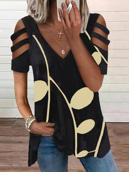 

V Neck Casual Loosen Short Sleeve T-Shirt, Black, T-Shirts
