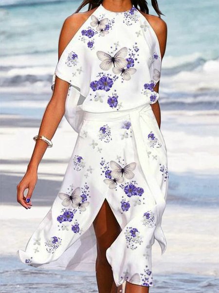 

JFN Round Neck floral Vacation Midi Dresses, White, Dresses