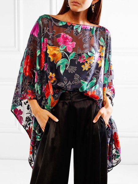 

Floral Vacation Boat Neck Short Sleeve Top, Black, Tops