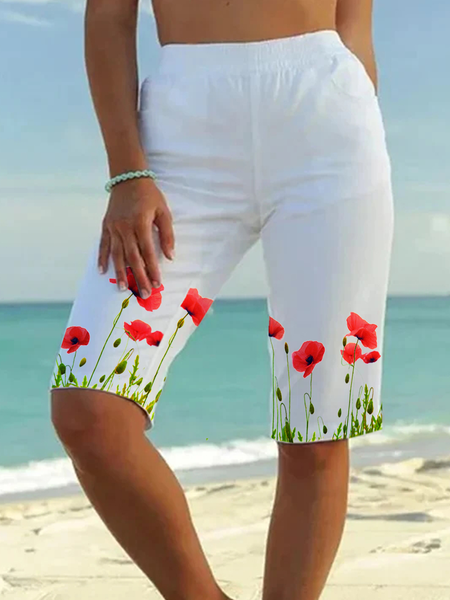 

Floral Casual Loosen Shorts, White, Shorts
