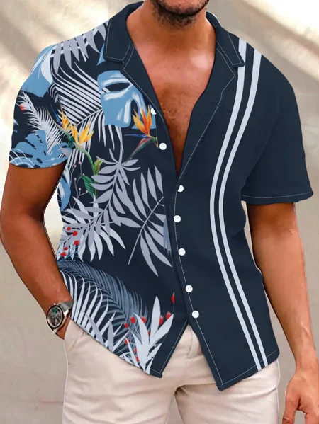 

Men's Casual Botanical Print Cuban Collar Short Sleeve Shirt, As picture, Short Sleeves Shirts