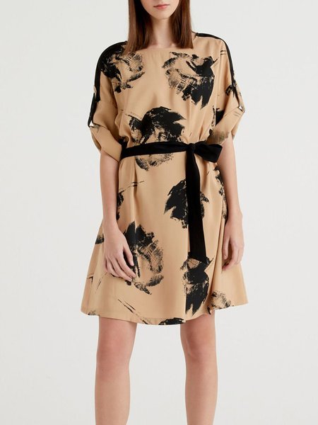 

Printed Casual Short Sleeve Woven Dress, Khaki, Mini Dresses