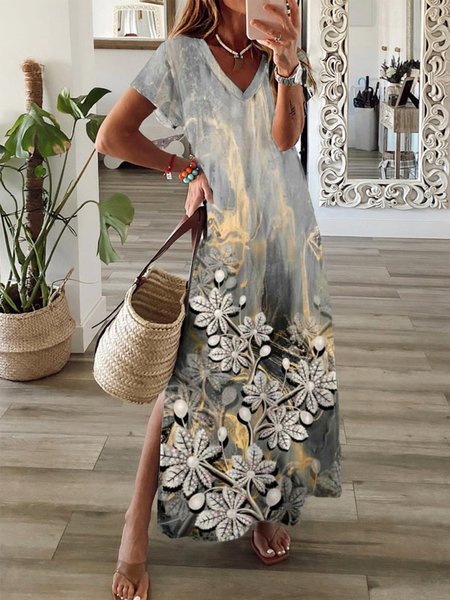 

Casual Floral Short Sleeve Knit Dress, Multicolor, Maxi Dresses