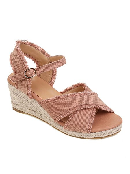 

Canvas Braided Strap Cross Boho Straw Wedge Sandals, Pink, Sandals