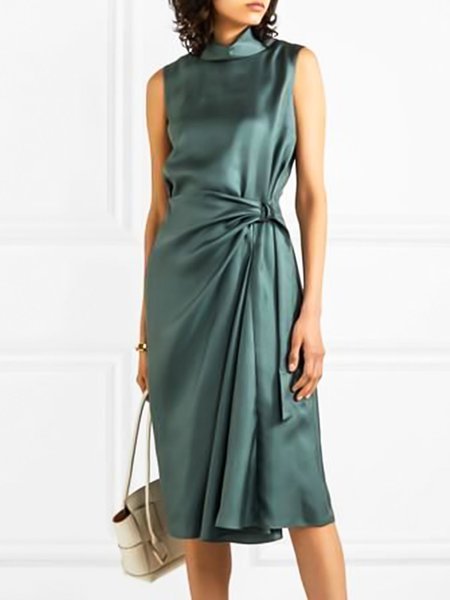 

Solid Slim Fit Elegant Sleeveless Woven Dress, Blue, Midi Dresses