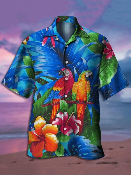 

Mens Fancy Hawaiian Floral Parrots Print Casual Short Sleeve Aloha Shirt, Blue, Men's Floral shirt