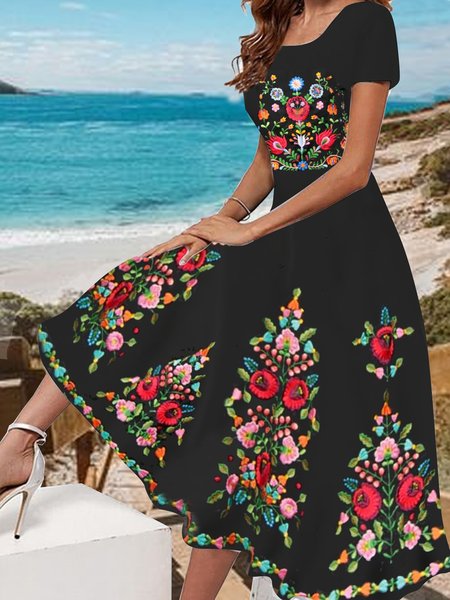 

Leisure Boho holiday tribal folk flower X-shaped waist dress long Plus Size Mexico, Multicolor, Dresses