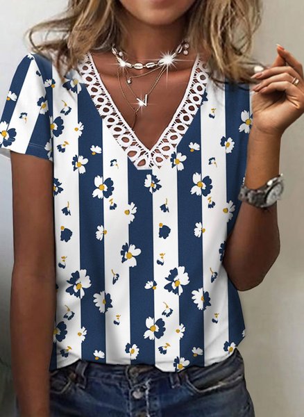 

Floral Casual V Neck Short Sleeve T-Shirt, White, T-Shirts