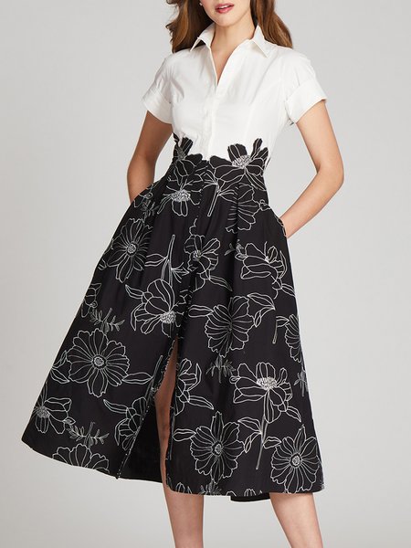 

Elegant Printed Shirt Collar Short Sleeve Floral Dress, White, Midi Dresses