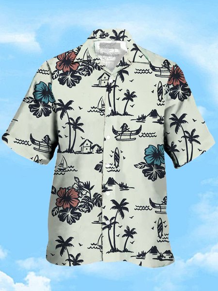 

Men's Coconut Tree Print Casual Breathable Short Sleeve Hawaiian Shirt, As picture, Men's Floral shirt