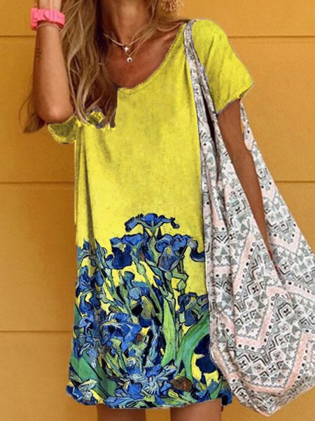 

Floral Casual Short Sleeve Woven Dress, Yellow, Dresses